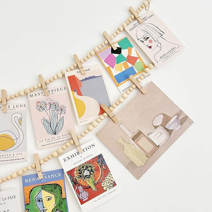 2PCS Hanging Photo Display with Clips, Photo String with 12 Clips, Boho Wooden Bead Garland Collage Picture for Classroom, Bedroom, Office Wall Decor