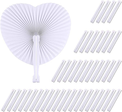Zwin 60PCS Heart Shaped Folding Paper Fans for Wedding White Plastic Handheld Pocket Paper Fans for Party Decorations