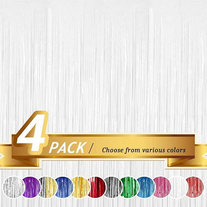 BTSD-home 4 Pack 3x 8ft White Foil Fringe Curtain Backdrop Party Streamers Decorations Metallic Photo Booth Tinsel Theme Bachelorette Graduation Wedding Birthday Bridal Shower Christmas Decor Supplies