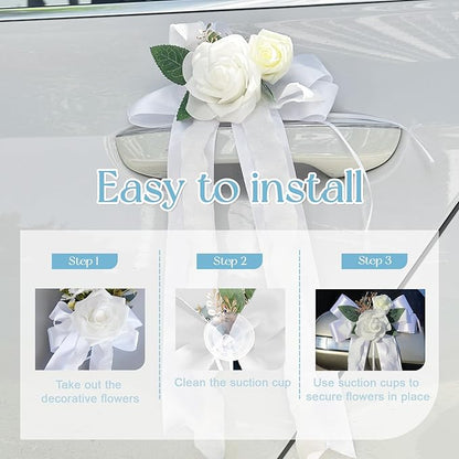 4PCS Wedding Car Door Handle Decorative Flowers, White Artificial Cars Bouquet Flower Bowknot Ribbon Decor, Just Married Automotive Decorations Accessories for Door Handles