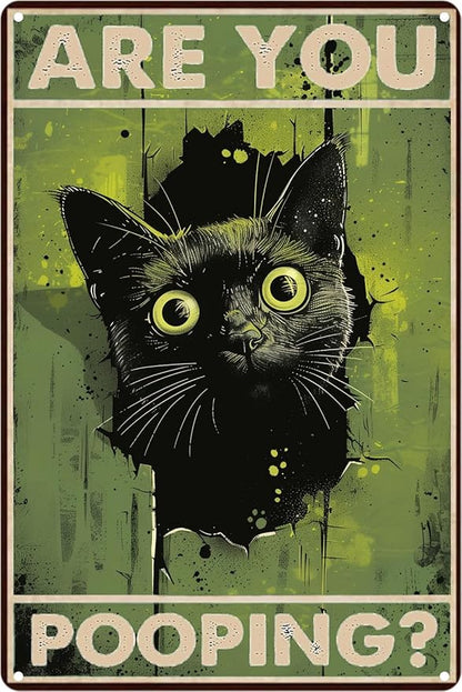 Funny Black Cat "Are You Pooping?" Tin Sign - Humorous Bathroom Wall Décor, 8x12 Inches, Vintage Metal Sign for Indoor & Outdoor Use, Cat Wall Art