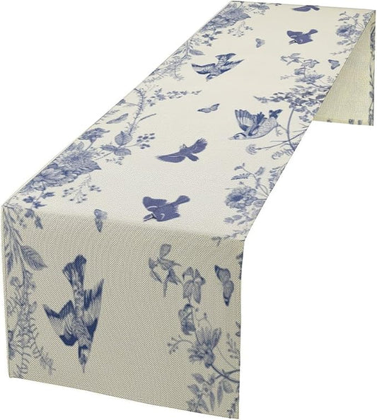 Monochrome Sketch Flowers Bird Table Runner, Seasonal Spring Fall Plants Blue Florals Dinner Runner for Home Kitchen Dining Table Party Holiday Decoration 13"x90"