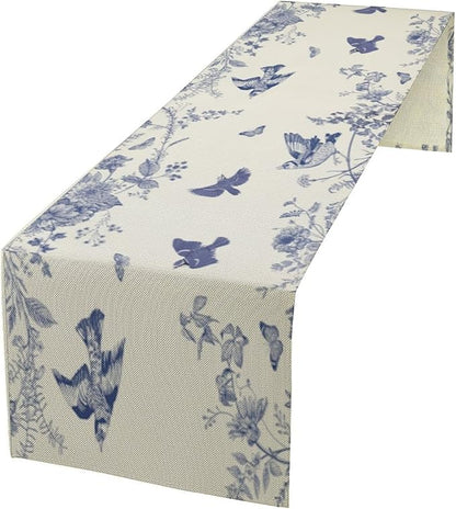 Monochrome Sketch Flowers Bird Table Runner, Seasonal Spring Fall Plants Blue Florals Dinner Runner for Home Kitchen Dining Table Party Holiday Decoration 13"x36"