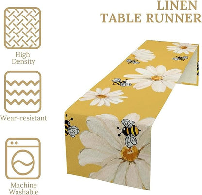 Daisy Flower Table Runner, Summer Spring Seasonal Watercolor Wildflower Yellow Bee Print Table Cover for Home Party Decor Kitchen Dining Table, 13x70inch
