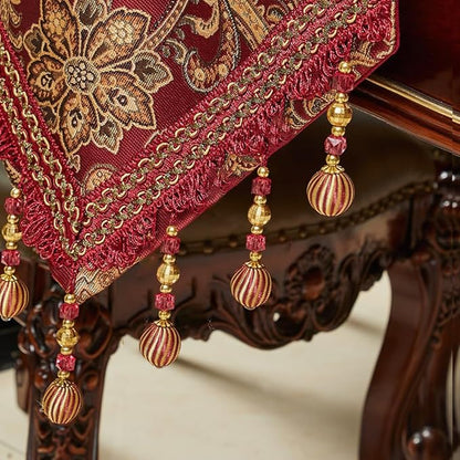 Luxury Vintage Table Runner 48 inches Long Embroidery Jacquard Fabric with Multi-Tassels Table Runners for Dining Room Dresser Wedding Christmas Thanksgiving Party Decorations (Red, 12X48inch)