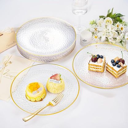 Rubtlamp 100 Pcs Gold Plastic Plates - 10 inch Clear Gold Dinner Plates - Hammer Pattern Design - Fancy Disposable Plate - Heavy Duty Party Plate Ideal for Wedding