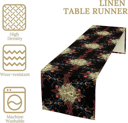 Boho Moon Lion Table Runner, Chinese Fish Phase of The Moon Sun Moon Table Runner for Kitchen Dining Table Home Party,13x60 Inch Black Red