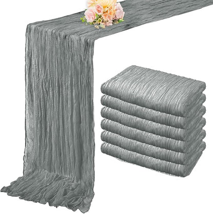 6 Pack Gray 10FT Cheesecloth Table Runner Rustic Gauze Fabric Cheese Cloth Table Runner for Wedding Bridal Baby Shower Table Decor 20 x 120 Inch Long Boho Sheer Birthday Party Table Decorations