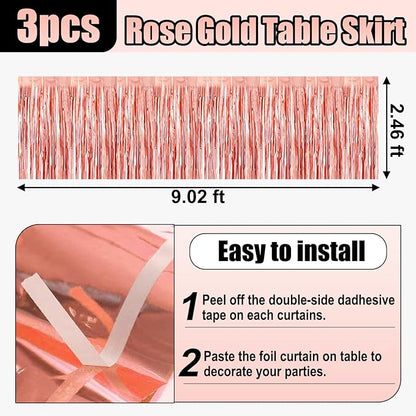 3 Pack 29x108 Inch Rose Gold Foil Fringe Table Skirts Metallic Banner for Tinsel Streamer Garland Backdrop for Parade Floats Wedding Thanksgiving Birthday Christmas Halloween Party Decoration
