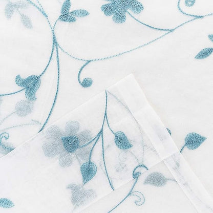 Sheer Curtains Blue 45 Inch Embroidered Floral, Rod Pocket Voile Drapes for Living room, Bedroom, Window Treatments Semi Crinkle Curtain Panels for Yard, Patio, Villa, Parlor, Set of 2, 52"x 45".