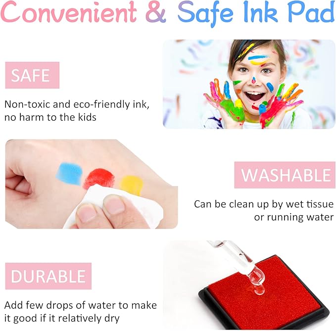 Fstaor 20 Colors Washable Ink Pads for Kids Rubber Stamps, Finger Print Crafts Stamp Pad for Kids, Paper, Scrapbooking, Fabric,Wood (Pack of 20)
