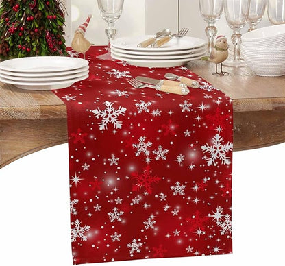 Christmas Snowflakes Cotton Linen Table Runner for Dining Kitchen, Red Xmas Winter Snow Wedding Outdoor Party Tablerunners Decoration, New Year Dresser Scarf Coffee Tablecloth Runners 13x120 Inches