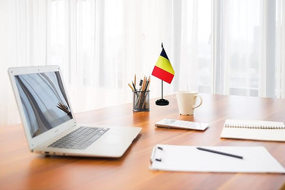Romania Romanian Deluxe Desk Flag Set Small Mini Miniature Romania Romanian Table Desktop Flags With Solid Pole, Black Base and Spear Top(2 Pack)