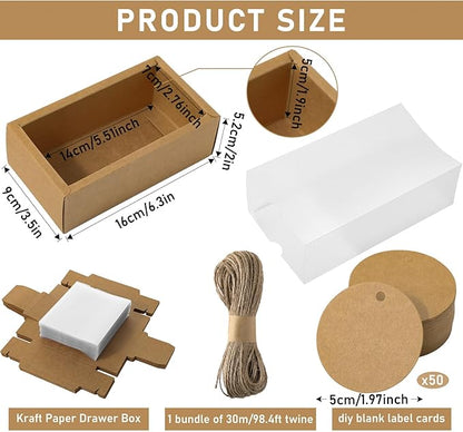 Roowest 50 Sets Kraft Soap Boxes Rectangle Packaging Box with Window Homemade Gift Box with Blank Tags and Jute String for Jewelry Candy Wrapping Party Favor(6.3 x 3.5 x 2 Inch,Kraft Color)
