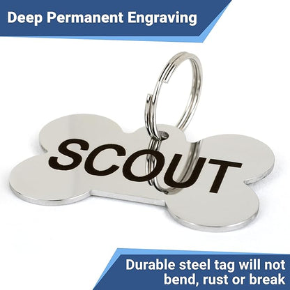 GoTags Stainless Steel Pet ID Tags, Personalized Dog Tags and Cat Tags, up to 8 Lines of Custom Text, Engraved on Both Sides, in Bone, Round, Heart, Bowtie and More (Dog Bone, Small (Pack of 1))