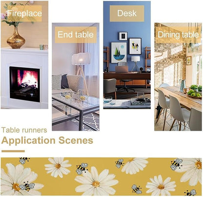 Daisy Flower Table Runner, Summer Spring Seasonal Watercolor Wildflower Yellow Bee Print Table Cover for Home Party Decor Kitchen Dining Table, 13x60inch