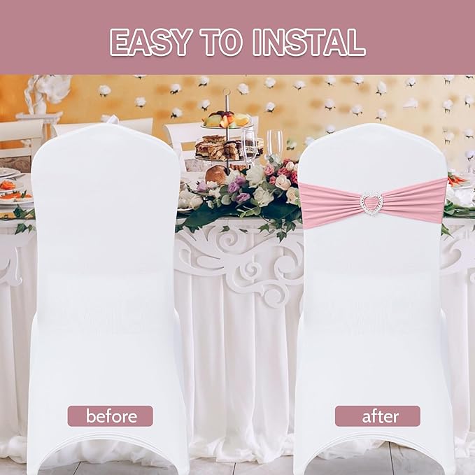 Howhic Pack of 30 Spandex Chair Sashes Bows Stretch Chair Cover Band with Buckle Slider Universal Elastic Chair Ties for Wedding Banquet Party Event Decoration (Dusty Pink)