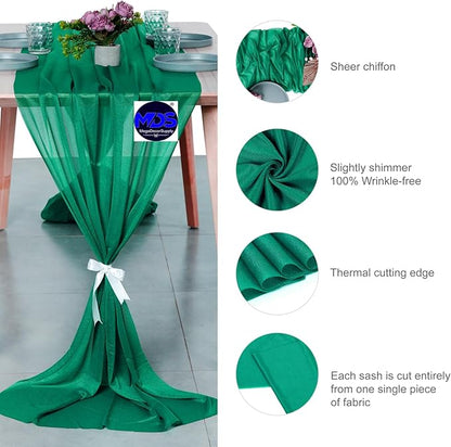 MDS 10 Pack 10ft Chiffon Table Runner 29 x 120 Inches Sheer Wedding Runner Romantic Rustic Table Runner for Wedding Decorations, Birthday Parties, Bridal Shower Party Arch Decor - Emerald Green