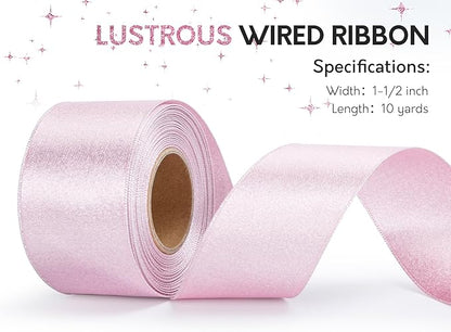 Light Pink Satin Ribbon for Valentines Day 1-1/2 Inch Double-Faced Wide Wired Sliver Glitter Ribbons for Wreath Christmas Tree Decoration Gift Wrapping, Home Decor 10 Yards