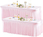 2 Pack Pink Spandex Table Clothes for 8 Foot Rectangle Tables, 8FT Wrinkle Free Fitted Tablecloths Ruffles Design Table Cover for Party, Banquet, Wedding and Events
