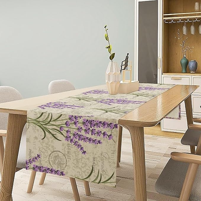 Floral Lavender Table Runner,Vintage Rustic Country Romantic Purple Flower Pattern Print Burlap for Hotel Indoors Outdoor Dining Room Kitchen Home Decor, 13x70in