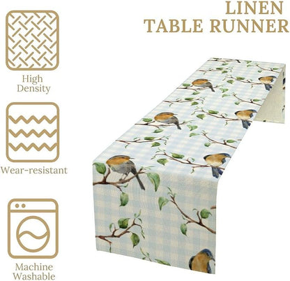 Bird Table Runner,Spring Birds Tree Blue Plaid Print Table Runner for Kitchen Dining Table Decoration Home Party Decor 13x108 Inch