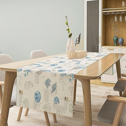 Starfish Table Runner,Vintage Nautical Seashell Tropical Beach Theme Coastal Ocean Sea Burlap for Hotel Indoors Outdoor Dining Room Kitchen Tablecloth, 13x90in