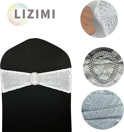 25 Pcs Sequin Chair Sashes Stretch Chair Bands Spandex Polyester Bows for Party Hotel Wedding Banquets Decoration - White