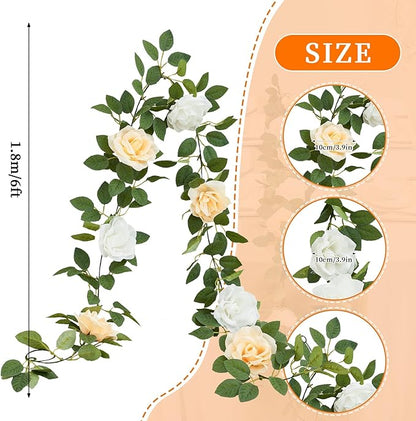 Artificial Rose Garlands Rose Vines Leaves Banners Hanging Floral Garland Fake Rose Flower Vine Wall Decorations, Champagne