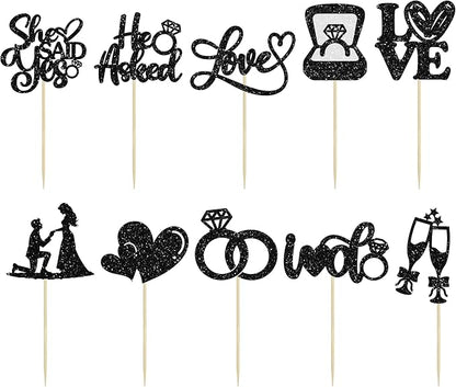 Ephlyn 30Pcs He Asked She Said Yes Cupcake Toppers Glitter Engagement Cupcake Toppers Diamond Ring Heart Love I Do Cupcake Picks for Engagement Wedding Party Cake Decorations Black