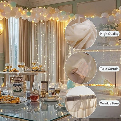 10×8ft Tulle Backdrop Curtains with Lights String - 300LED Fairy Lights Sheer Curtain Backdrop for Weddings Baby Shower and Birthday Party Decorations(4 Panels 5×8ft)