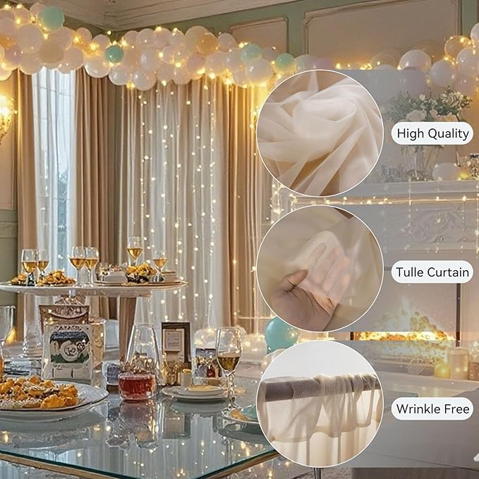 10×8ft Tulle Backdrop Curtains with Lights String - 300LED Fairy Lights Sheer Curtain Backdrop for Weddings Baby Shower and Birthday Party Decorations(2 Panels 5×8ft)