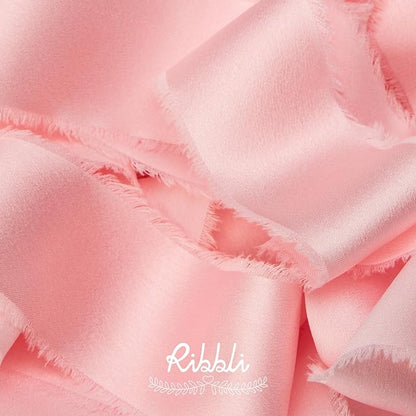 Ribbli Light Pink Silk Satin Ribbon 1.5 Inch x 12 Yard Handmade Frayed Chiffon Ribbon with Wooden Spool for Gift Wrapping, Wedding Invitations, Bridal Bouquets, Home Decor