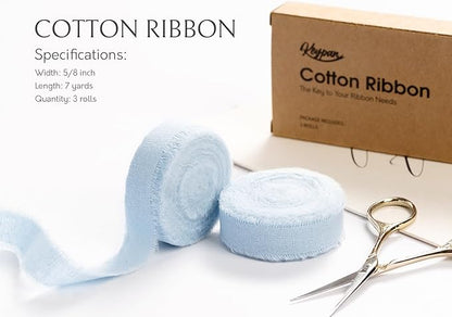Blue Ribbon 5/8" x 21 Yards with Frayed Fringe Fabric Cotton Ribbons for Gift Wrapping Wedding Invitations Flower Bouquet Baby Shower