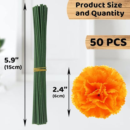 Hananona 50 Pcs Marigold Flower Heads Bulk, Silk Marigolds with Stems Artificial Mexican Flowers for Diwali Day of The Dead Dia De Los Muertos Ofrenda Decor