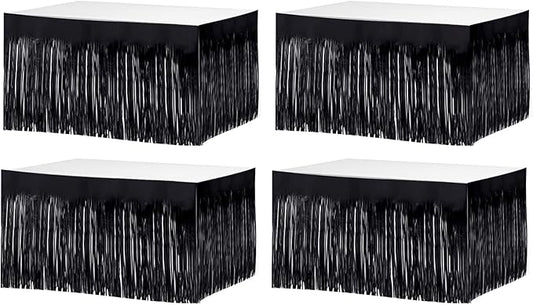 4 Pack 29x108 Inch Metallic Foil Fringe Tinsel Table Skirts for Rectangle Tables Streamer Curtains Backdrop for Halloween, Birthday, Parade Floats, Christmas Party Supplies(Black)
