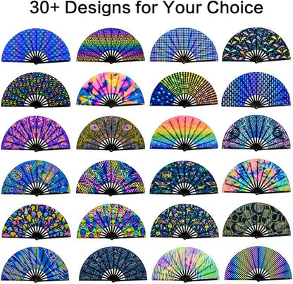 UV Glow Rave Fan, Bamboo Folding Clack Hand Fan for Men Women (Wellen, Large 13")