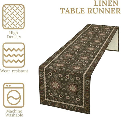 Vintage Boho Floral Table Runner, Rustic Country Farmhouse Brown Bohemia Flower Pattern for Home Kitchen Table Decor Dining Coffee Room Party Decor 13x36in