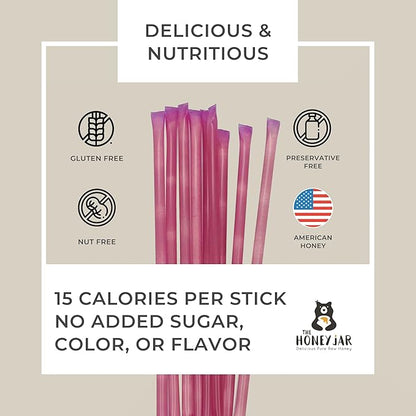 The Honey Jar Raspberry Flavored Honey Sticks - Pure Honey Straws For Tea, Coffee, or a Healthy Treat - One Teaspoon of Flavored Honey Per Stick - Made In The USA with Real Honey - (100 Count)