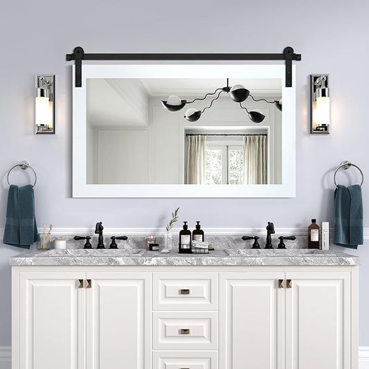 COGOOD Farmhouse Bathroom Mirror - 41" x 30" Rustic Barn Door Mirror for Living Room, Entryway, Bedroom, Vanity Wall Decor (Pure White)