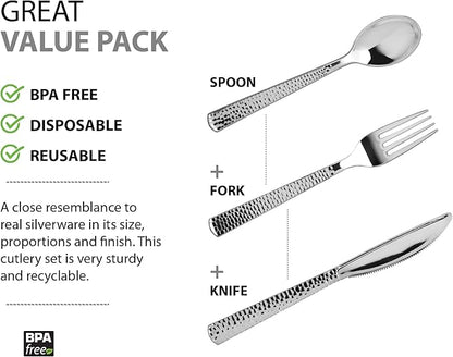 Plastic Cutlery Silverware Extra Heavyweight Disposable Flatware, Full Size Cutlery Combo, Silver Pebbled, 80 Forks, 40 Spoons, 40 Knifes, Value Pack 160 Count