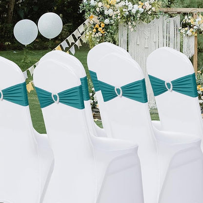 Howhic Pack of 60 Spandex Chair Sashes Bows Stretch Chair Cover Band with Buckle Slider Universal Elastic Chair Ties for Wedding Banquet Party Event Decoration (Turquoise)