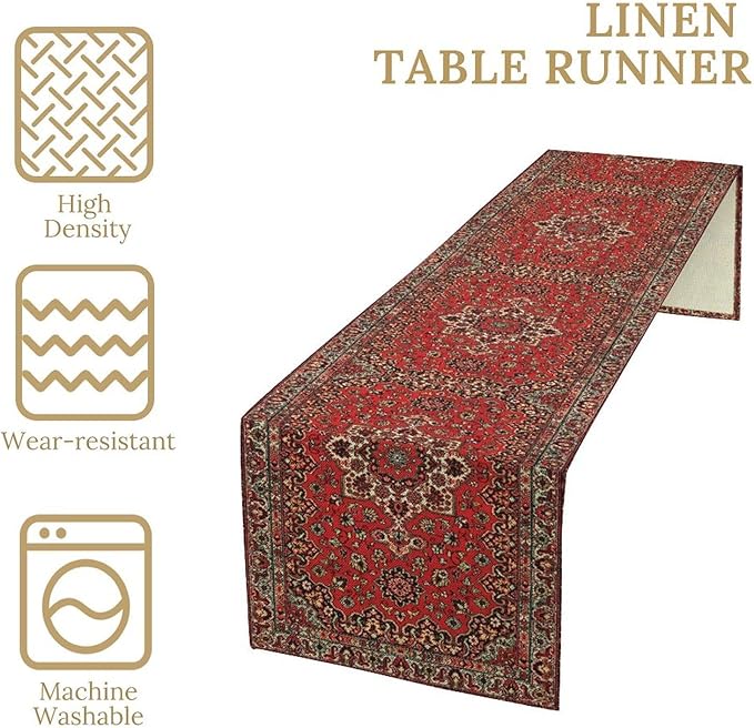 Vintage Boho Floral Table Runner, Rustic Country Farmhouse Red Black Retro Flower Pattern for Home Kitchen Table Decor Dining Coffee Room Party Decor 13x60in