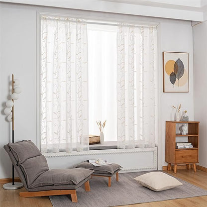 VISIONTEX White Sheer Voile Curtains, Decorative Beige Leaves Embroidery Faux Linen Rod Pocket Window Drapes for Home Kitchen, Living Room and Bedroom 54 x 72 Inch, Set of 2 Curtain Panels