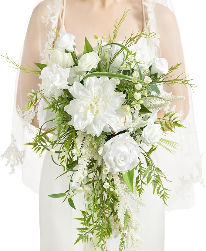 Ling's moment White Green Bridal Bouquet for Bride, White Green Wedding Bouquets for Bride, 13 Inch Bride Bouquets for Wedding Artificial Flowers Bouquets