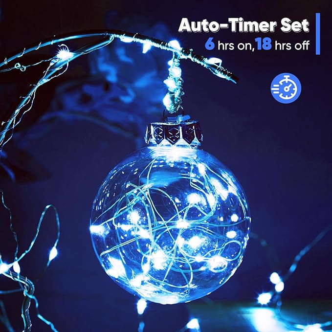 1 Pack 65.6 Ft. Battery Operated Outdoor String Lights with Remote & Timer, LED Blue Fairy Lights, Waterproof Twinkle Lights for Bedroom, Dorm, Mason Jar, Wedding, Party, Christmas