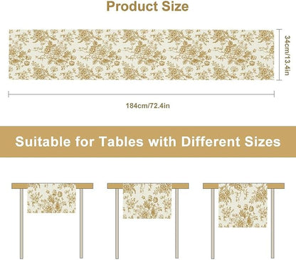 Retro Floral Table Runner, Golden White Wildfloral Sketch Print Kitchen Dinning Table Runner for Indoor Outdoor Home Wedding Party Holiday, 13x60 Inch