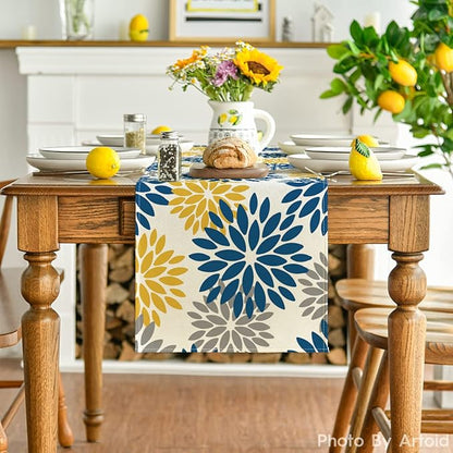 Artoid Mode Blue Dahlia Floral Pinnata Summer Table Runner, Spring Kitchen Dining Table Decoration for Home Party Decor 13x72 Inch