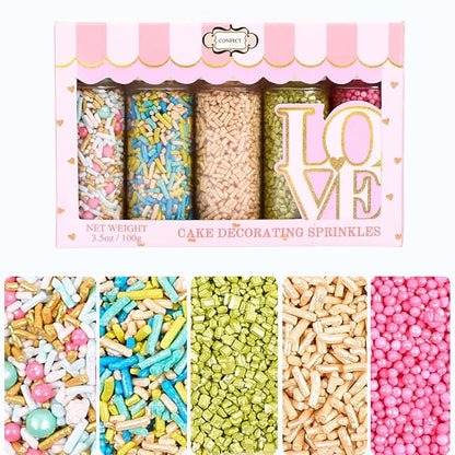 Confect Sprinkles – 5 Pack Assorted Cake Decorating Mix (Hot Pink & Ivory Pearl Dragees, Champagne Gold & Blue Jimmies, Green Sparkling Sugar) – Festive Edible Toppings for Cakes, Cupcakes, Cookies – Vegan, Gluten-Free, Nut-Free, Soy-Free, Dairy-Free, ...