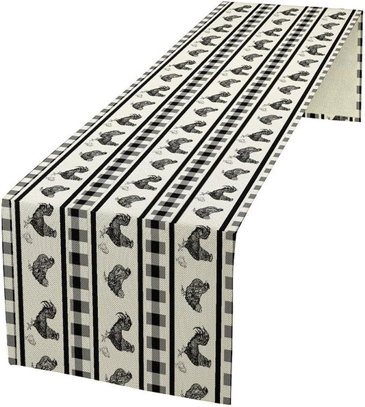 Rooster Table Runner,Farmhouse Animal Vintage Chicken Black White Plaid Check Tablecloth Burlap for Hotel Indoors Outdoor Dining Room Kitchen Home Decor,W13X L108 in